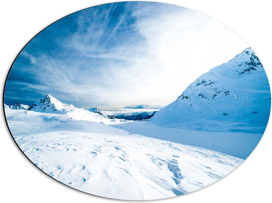 WallClassics - Dibond Ovaal - Sneeuwvlakte in de Bergen - 56x42 cm Foto op Ovaal (Met Ophangsysteem)