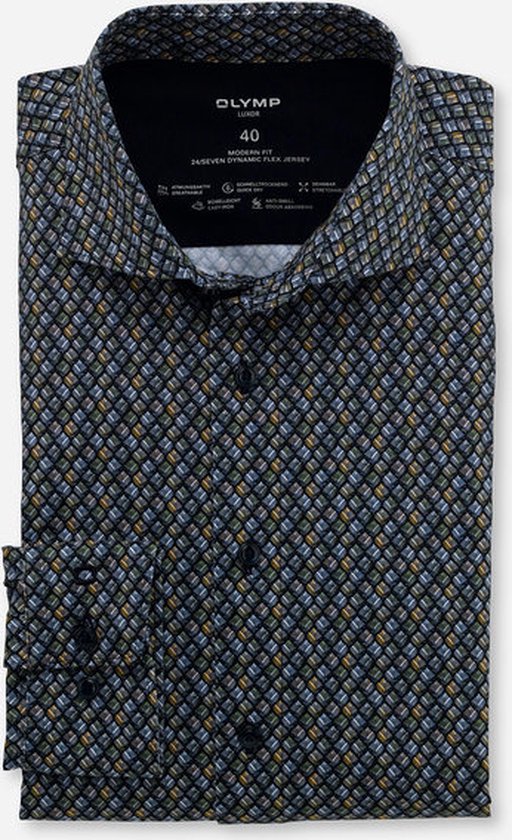 OLYMP Luxor 24/7 modern fit overhemd - tricot - olijfgroen dessin - Strijkvriendelijk - Boordmaat: 40