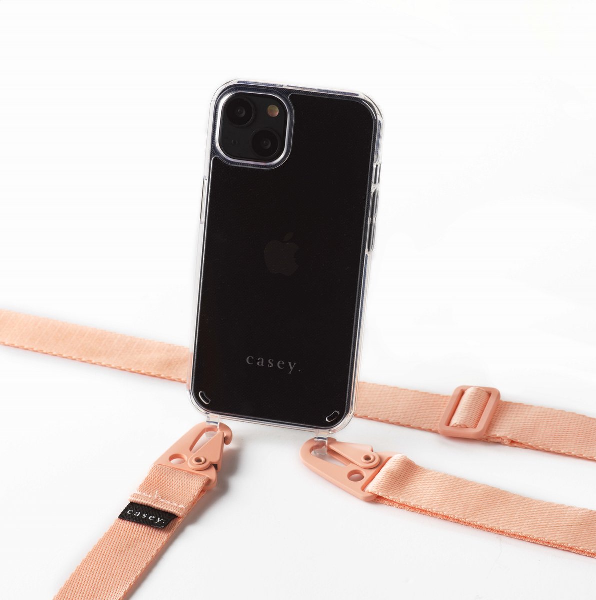Apple iPhone 13 Pro Max silicone hoesje transparant met oortjes en verticale brede band roze