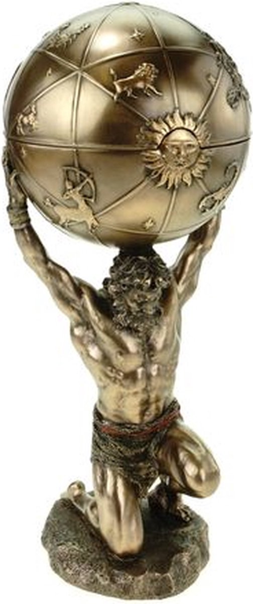 MadDeco - bronskleurig beeldje - Atlas - wereld - opbergvak - polystone - handgemaakt - 27 cm hoog