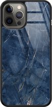 Coque iPhone 12 Pro Max verre - Marbre bleu marine - Blauw - Hard Case Zwart - Coque arrière pour téléphone - Marbre - Casimoda