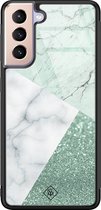 Casimoda® hoesje - Geschikt voor Samsung Galaxy S21 - Minty Marmer Collage - Luxe Hard Case Zwart - Backcover telefoonhoesje - Mint