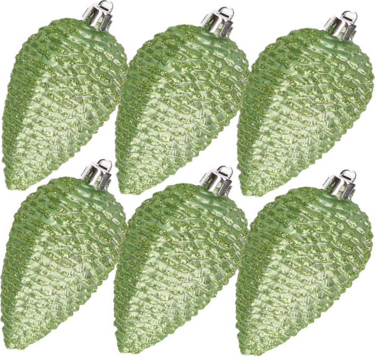Groene glitterende kunststof dennenappel kerstornamenten van 8 cm hoog - set van 6 - Decoris.