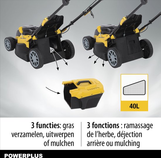Powerplus POWXG6251 Elektrische grasmaaier - Grasmachine voor kleine en middelgrote tuin - 1600W - Maaibreedte 380mm - Verstelbare maaihoogte - Mulching functie - Incl. 40L opvangbak - Powerplus