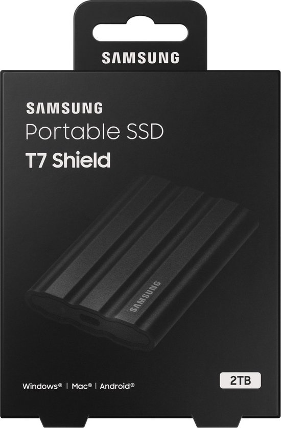 Verpakking van Samsung Portable SSD T7 Shield 2TB in zwart, met ribbelpatroon.