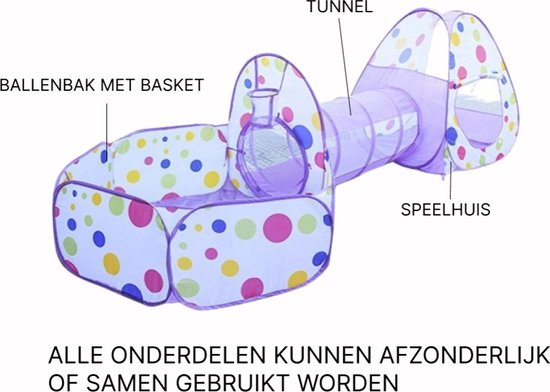 Paarse 3-in-1 Pop-Up Speeltent Met Tunnel Voor Kinderen met 15 Ballen -  Kruiptunnel - Speelgoed Speelhuis Tent Kindertent - Speelgoedwinkel