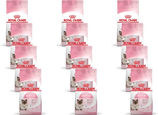 Twaalf roze zakken Royal Canin "Mother & Babycat" kattenvoer, opgesteld in drie rijen van vier.