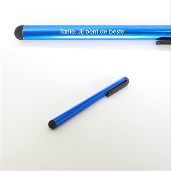 Stylet bleu avec le texte 'Tante, Jij bent de beste'.