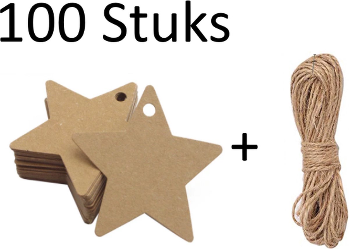 FISKA - 100x Cadeaulabels kraftpapier/karton Ster Bruin - 6cm x 6cm - Cadeau tags/etiketten - Label Ster - Cadeau versieringen/decoratie - Cadeaulabels Kerstmis - Labels Karton