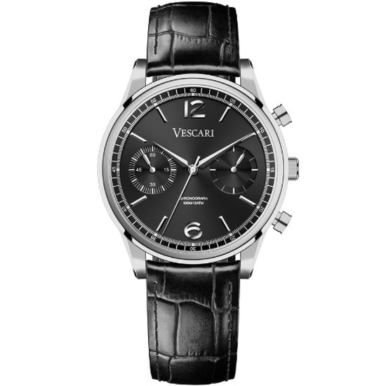 Vescari - Chestor - VSC02SB01 - Homme - Montre-bracelet - Argent - Cuir - Zwart - Ø 40 mm