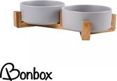 Bonbox Shop - Dubbele voerbak - Keramisch - Katten voerbak - Bamboohouder - Grijs - 2x 400ml
