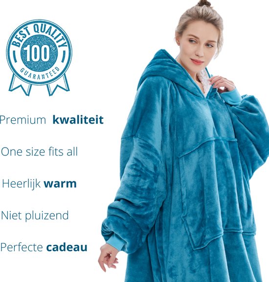 Q- Living Fleece Blanket With Sleeves - 1340 grammes - Huggle Hoodie - Couverture à capuche - Oodie - Couverture TV - Sherpa - Ocean Blauw