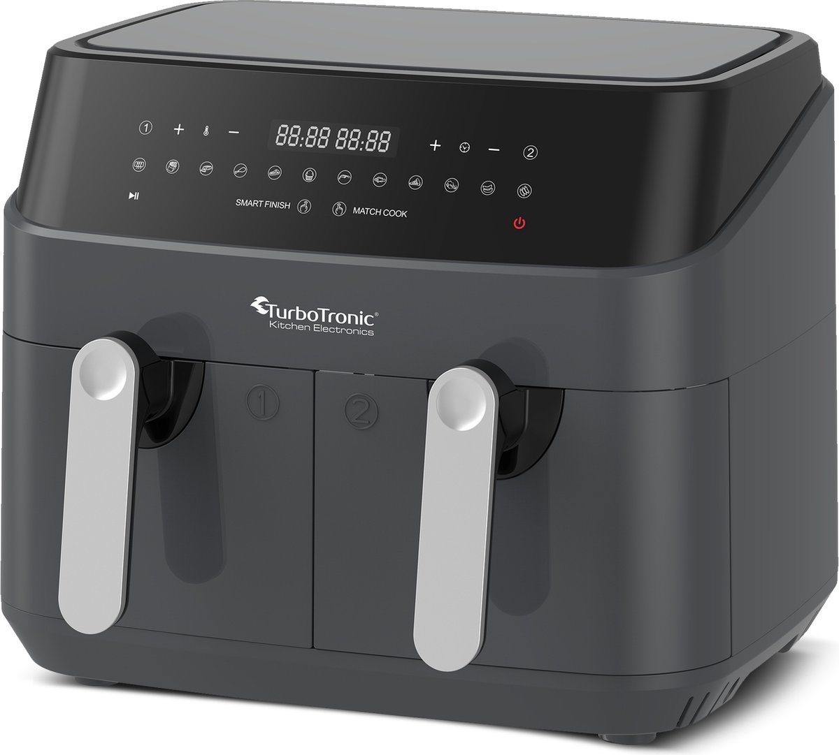 Turbotronic Airfryer XXL DualChef - 9L - 1600W - Heteluchtfriteuse - Dubbele Mand - 2 x 4.5L - 50ºC tot 200ºC - 10 Kookprogramma's - Grijs