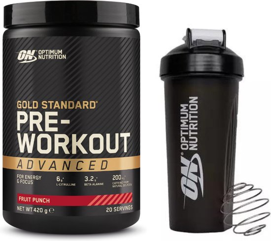 Optimum Nutrition Gold Standard Pre Workout Bundel - Fruit Punch Gummy Pre-Workout Advanced + ON Shakebeker - 420 gram (20 doseringen)