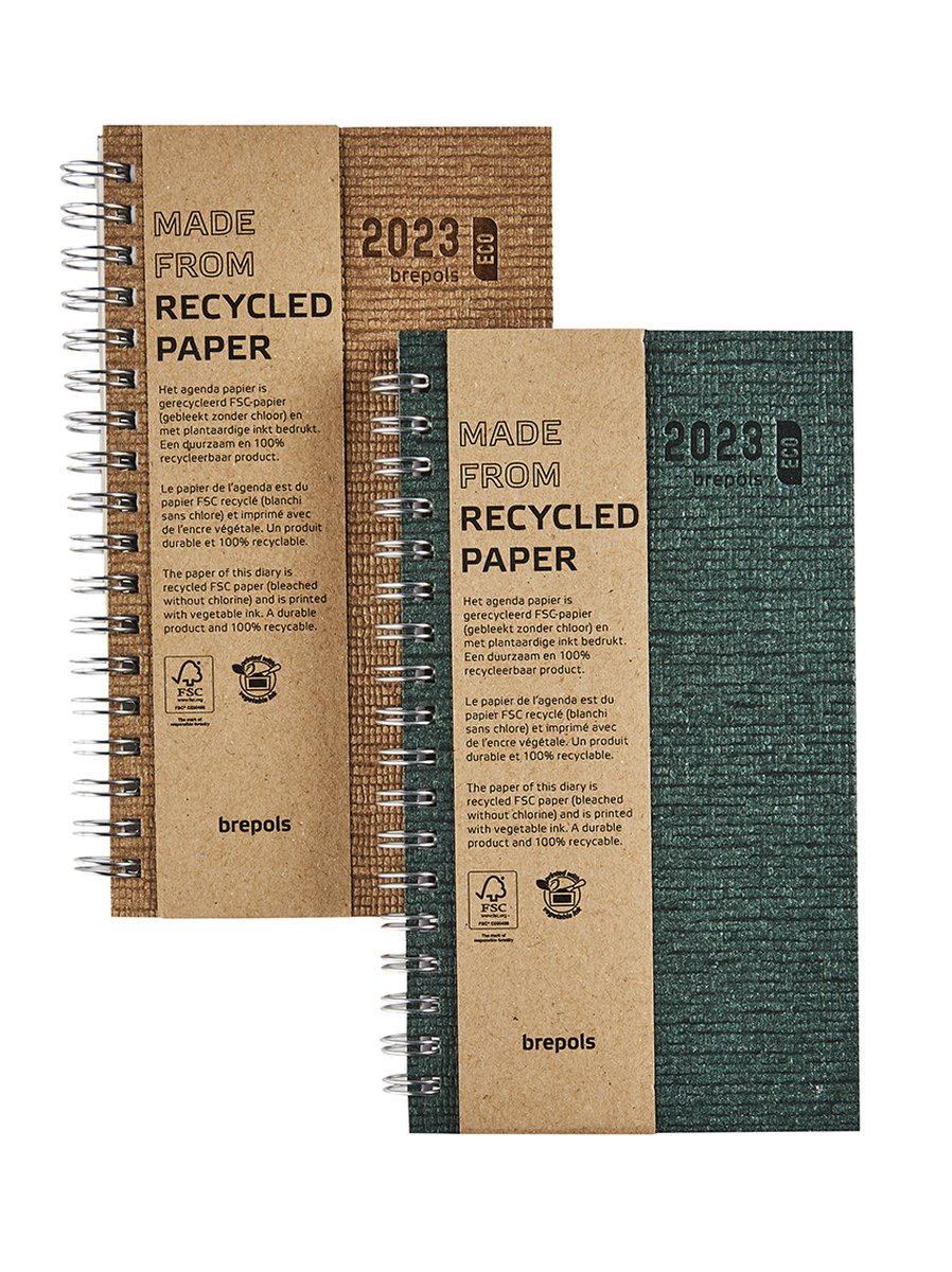 Brepols Agenda 2023 - Ecorama - KAZAR - Gerecycleerd papier - Wire-O - 9 x 16 cm - Bruin
