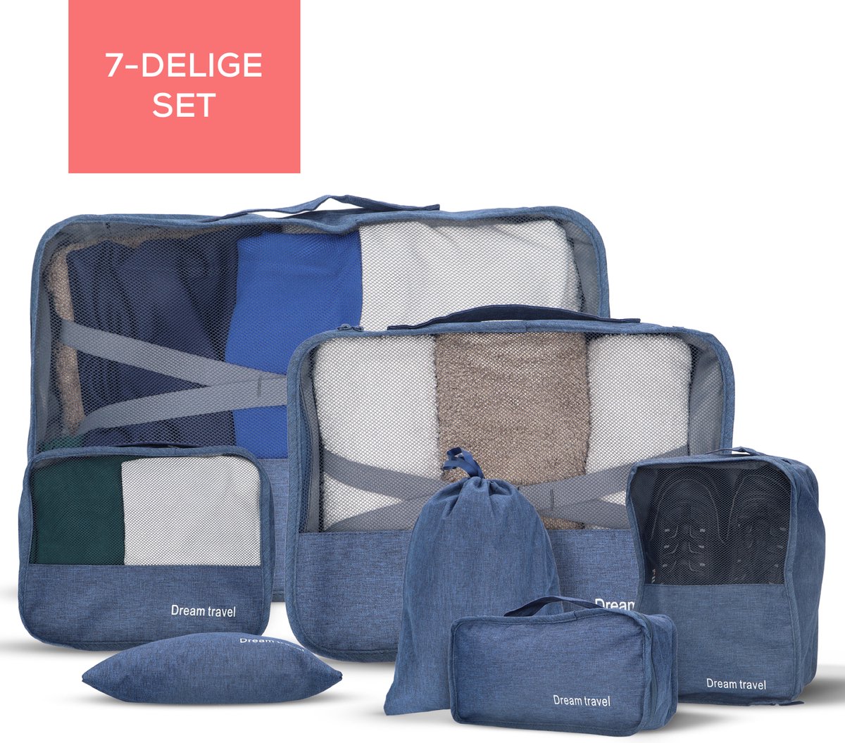 Bol.com Dream Travel Packing Cubes set 7 stuks - Blauw - koffer organizer set - packing cubes backpack organizer aanbieding