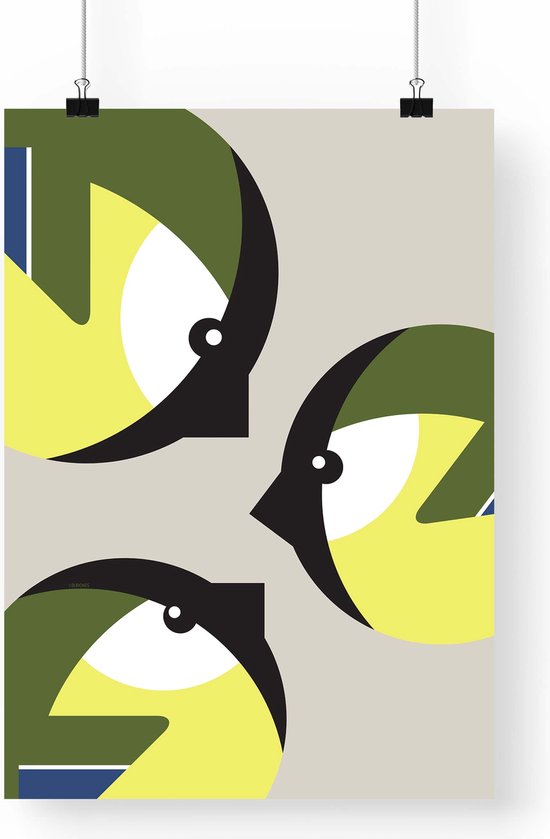 Poster 'Koolmezen' - A3 formaat - vogel illustratie | modern grafisch design | mees tuinvogel zangvogel | natuur vogelliefhebber