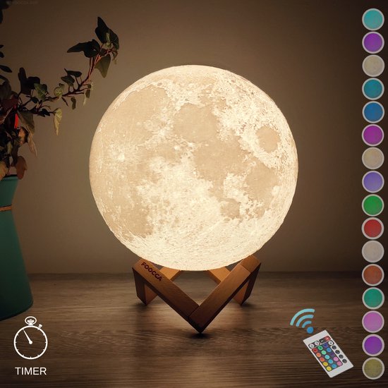 Lampe lunaire FOOCCA 3D - 18 cm - Lampe de table - Batterie 15 à 89 heures - Lampe lunaire avec 16 couleurs de LEDs variables et télécommande - Extra réaliste - Lampe d'ambiance, veilleuse et lampe de lecture
