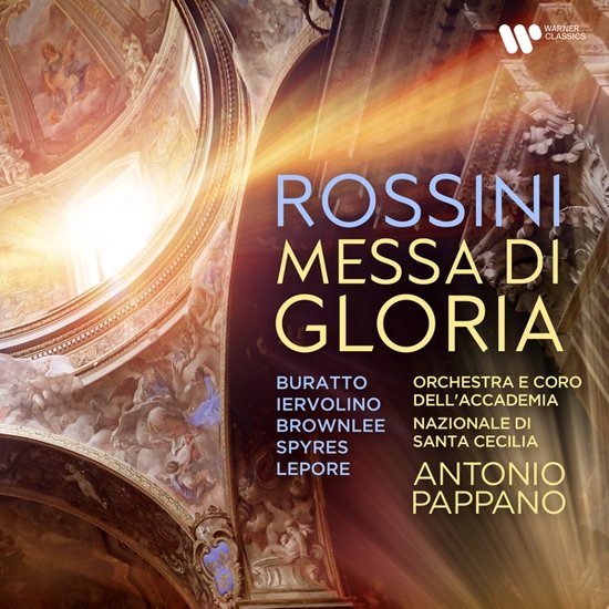 Albumhoes voor Rossini: Messa Di Gloria met Warner Classics logo. Over een schilderachtige achtergrond van een kerkinterieur met fresco's.