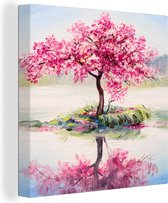 Canvas - Bloesemboom - Sakura - Olieverf - Water - Natuur - 50x50 cm - Schilderijen op canvas - Canvas doek - Muurdecoratie