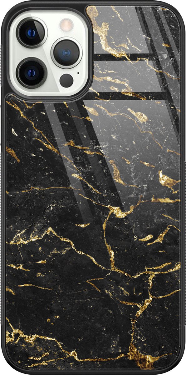 Hoesje geschikt voor iPhone 12 Pro - Marmer zwart goud - Luxe Glazen Hardcase - Marmer - Zwart, Goud - Leuke Telefoonhoesjes