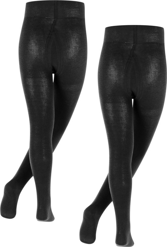 Achterkant van twee zwarte panty's met glinsterende, geribbelde textuur.