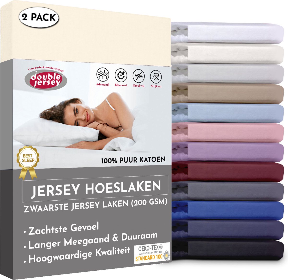 Double Jersey Hoeslaken - Hoeslaken (2 Pack) 90x200+30 cm - 100% Katoen Crème