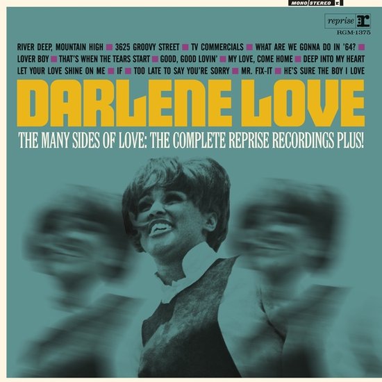Albumhoes met Darlene Love in het midden, met songtitels en "DARLENE LOVE - THE MANY SIDES OF LOVE".