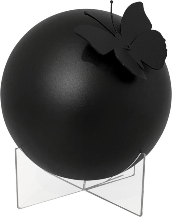 RVS bol urn met vlinder - mat zwart gepoedercoat - inhoud 3.3L - incl. kunststof sokkel