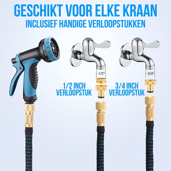 Blauwe sproeikop met 10 standen en een flexibele tuinslang, passend op 1/2 en 3/4 inch kranen.