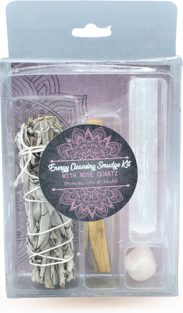 Energie reinigde smudge kit met Rozenkwarts - Witte Salie White Sage - Palo Santo - Rozenkwarts - Seleniet
