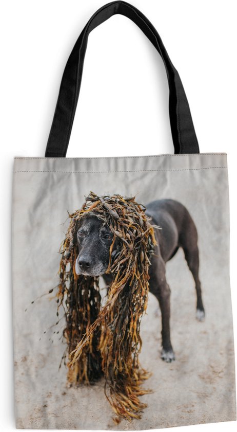 schoudertas-strandtas-shopper-hond-met-een-pruik-van-zeewier