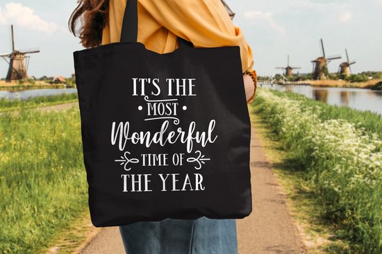 Sac à bandoulière - Sac de plage - Citation de Noël Shopper C'est la plus belle période de l'année sur fond noir - 45x45 cm - Sac en coton