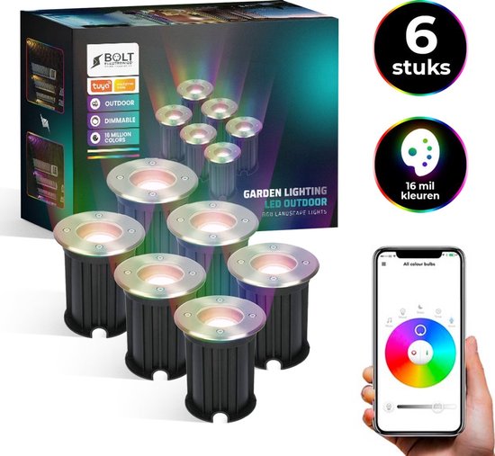 Bolt Electronics ® Spots au sol – Spots LED – Lampe d'extérieur – Spots de jardin – Lampe d'éclairage de jardin – Lampe de jardin – Étanche – Dimmable – Bluetooth – Acier inoxydable â €“ 5,5 Watt  -  230V  -  Commande via appli  -  6 pcs