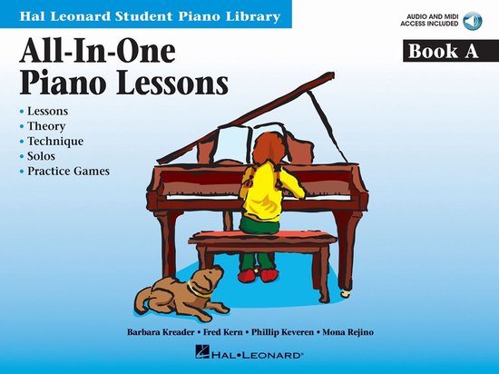 Livre 'All-In-One Piano Lessons Book A' avec une illustration d'une fille jouant du piano.