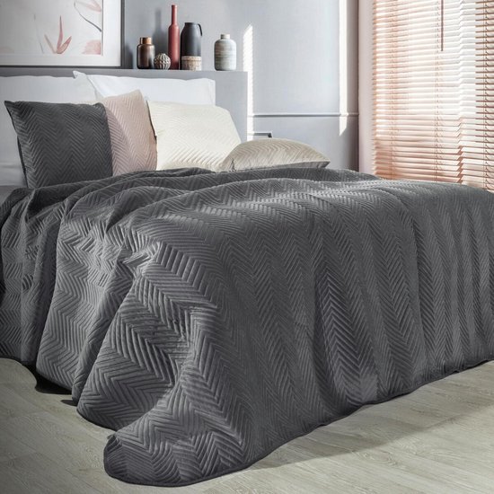 Oneiro’s luxe SOFIA Beddensprei Donkergrijs - 170x210 cm – bedsprei 2 persoons - donkergrijs – beddengoed – slaapkamer – spreien – dekens – wonen – slapen