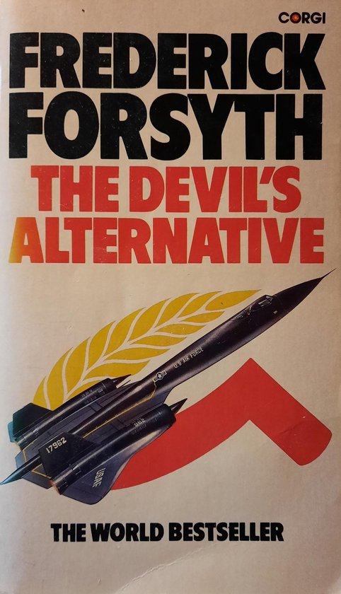 Boekcover van 'The Devil's Alternative' van Frederick Forsyth, met een zwart militair vliegtuig en rode en gele symbolen.