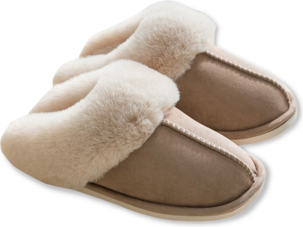 Pantoffels Dames en Heren Fluffy Open Sloffen met Pluche Voering Antislip Zool – Heavency ® - Khaki - Maat 44/45
