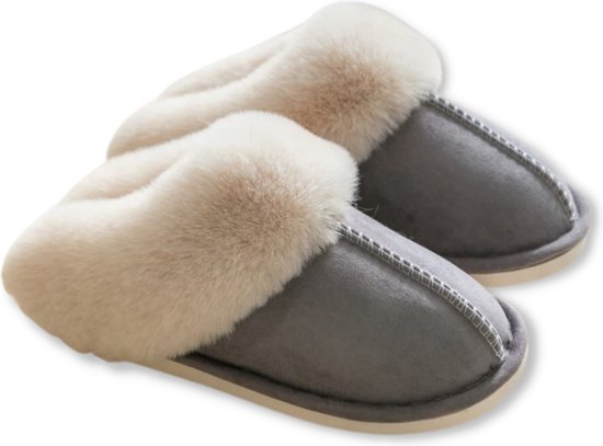 Foto: Pantoffels dames en heren fluffy open sloffen met pluche voering antislip zool heavency grijs maat 38 39