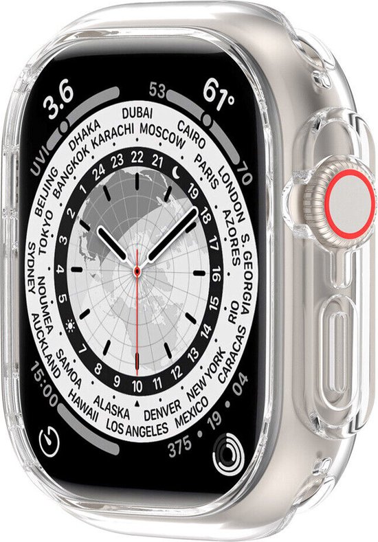 Transparante beschermhoes om een Apple Watch 49 mm met wereldklok.