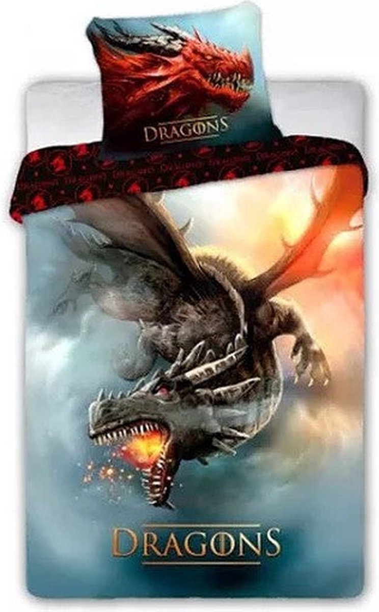 KD® - Dragons, Draak Vliegt In De Wolken - Dekbedovertrek - Eenpersoons - 140 x 200 cm - Katoen