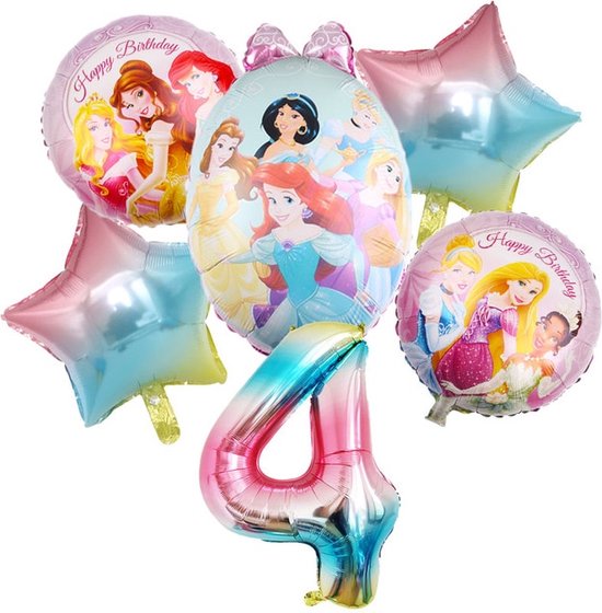 Prinsessen Verjaardag Ballonnen - 4 jaar - 6st - Prinsessen Feestpakket - Disney Versiering - Ariel / Sneeuwwitje / Rapunzel / Assepoester / Jasmine / Belle / Tiana - Themafeest Disney Princess Folieballonnen - Heliumballonnen - 4 Jaar Ballon
