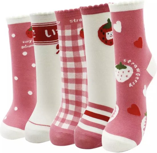 Set sokken - sokkenset van 5 paar - Unisex Sokken - Herensokken - Damessokken - Aardbeiensokken - Aardbei - Multipack - Maat 35-40