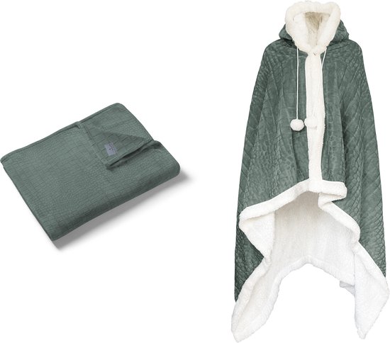 Linnick Flannel Fleece Blanket + Hoodie with Hood Croco - vert olive - 140x200cm - 130x180cm - Plaid