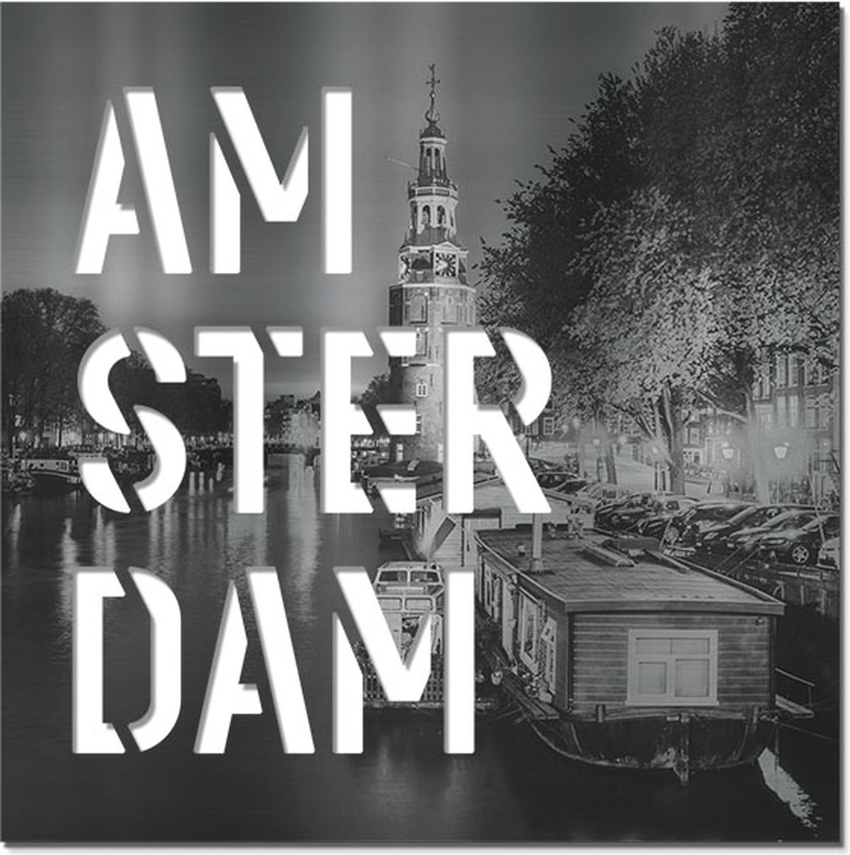 Letterschilderij Amsterdam Full-Color | Woonaccessoire Aluminium paneel met freesletters | 70x70cm | Dibond | Uniek | Modern | Vierkant| Kantoor | Woonkamer | Slaapkamer | Voor binnen en buiten..