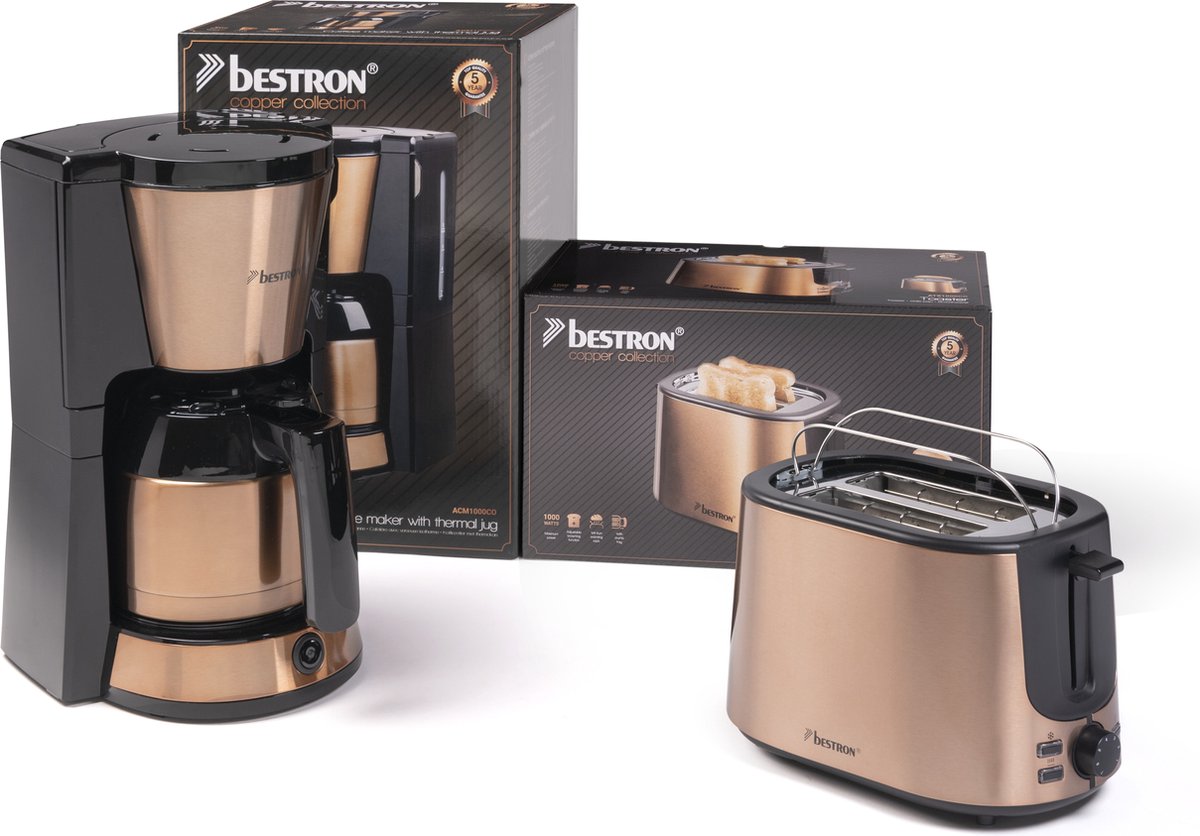 Bestron Koffiezetapparaat voor filterkoffie + Broodrooster voor 2 sneden Brood Voordeelset Concept: Copper Collection