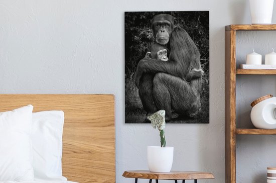 Tableau sur toile Chimpanzé protecteur avec son petit - noir et blanc - 30x40 cm - Décoration murale