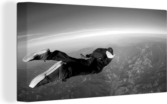 Canvas Schilderij Skydiven in zonsopgang - zwart wit - 40x20 cm - Wanddecoratie