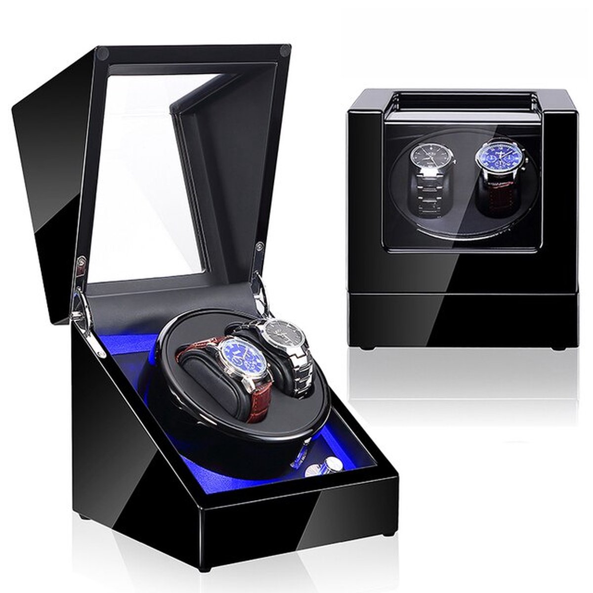 Olvy Luxe Watchwinder voor 2 Horloges - Met LED Verlichting - Zwarte Lak - Dubbele Watchwinder - Horloge Opwinder - Olvy