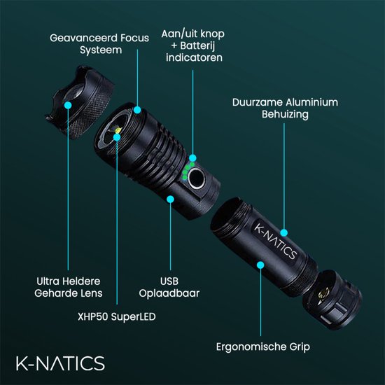 K-NATICS PRO Militaire LED Zaklamp - USB-C Oplaadbaar - 2500 lumen - 5000mAh Batterij - 2 Jaar Garantie! - K-natics